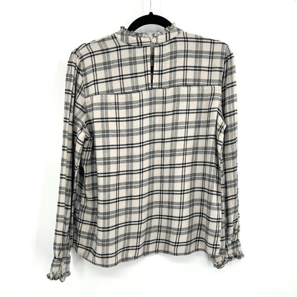 RAILS Black Ivory Plaid Ruffle Sleeve High Neck Pleated Flannel Blouse Small - Picture 3 of 8